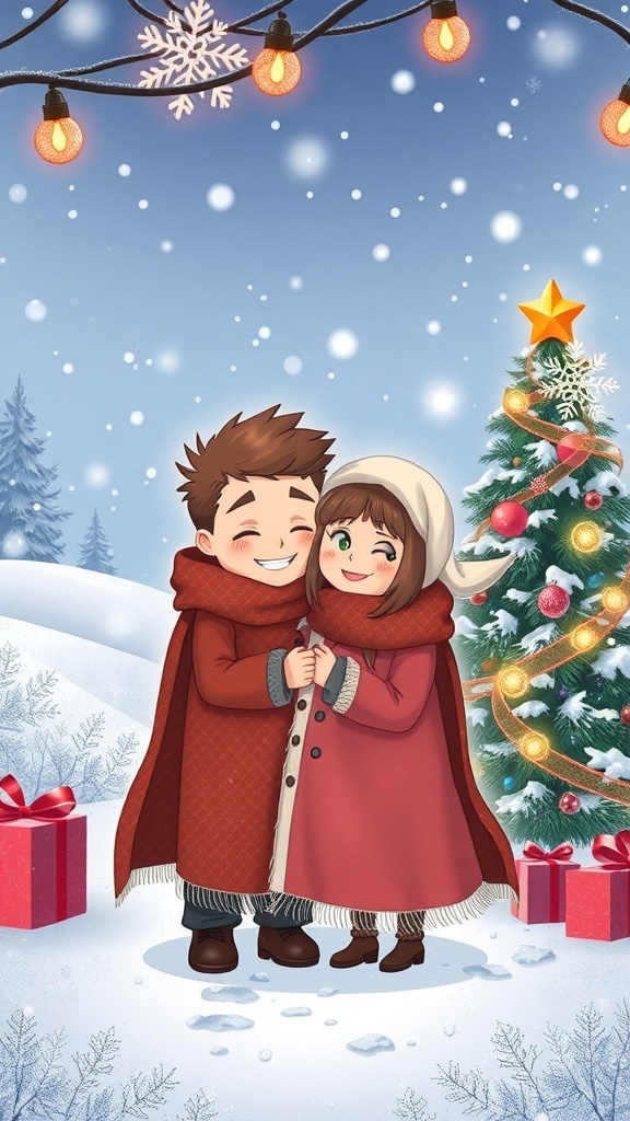 Cute couple in a blanket with Christmas decorations in a snowy background.